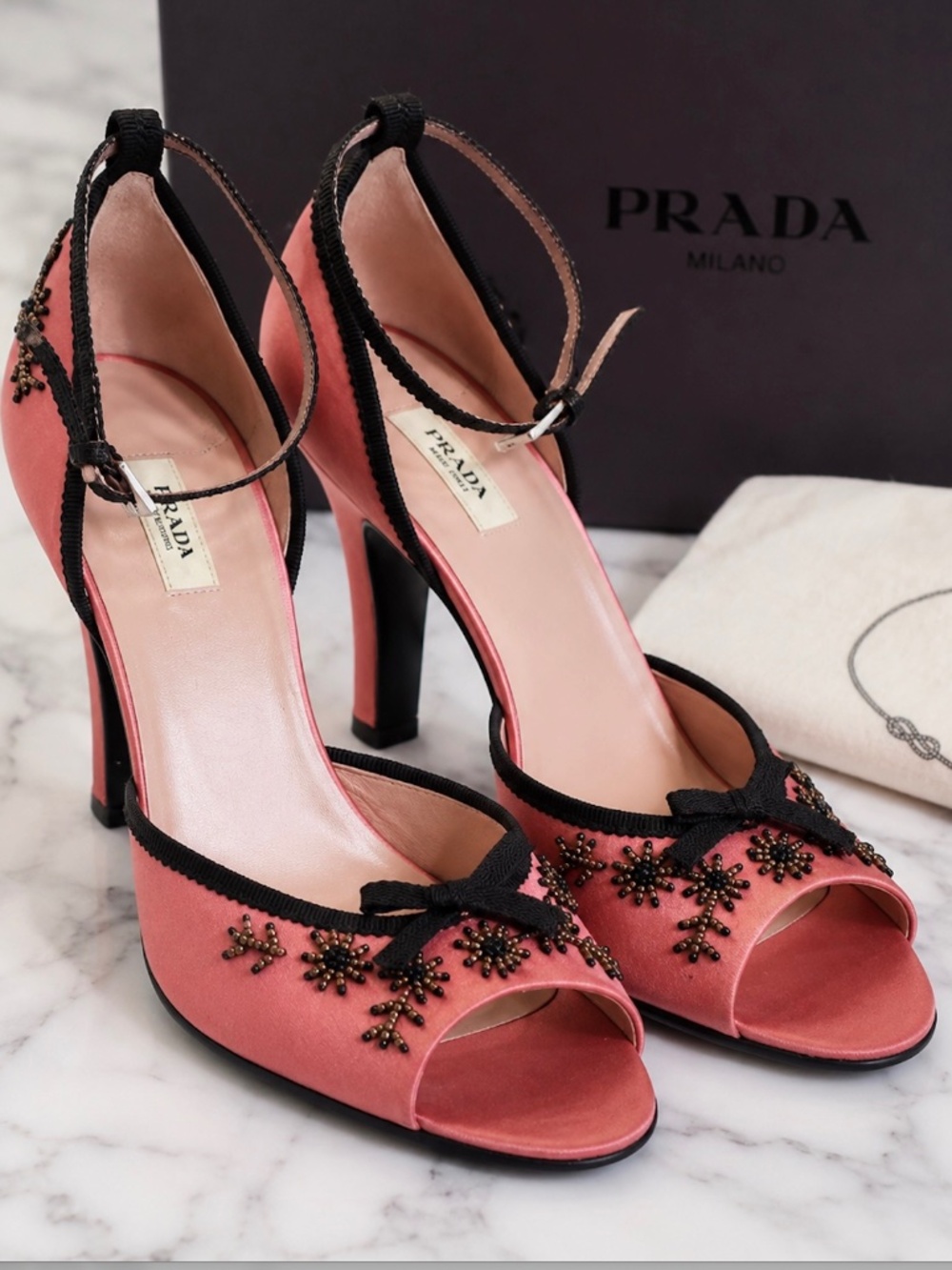 Rare Prada Archive Pink Beaded Satin Bow Heels 38 Box and Dust Bags